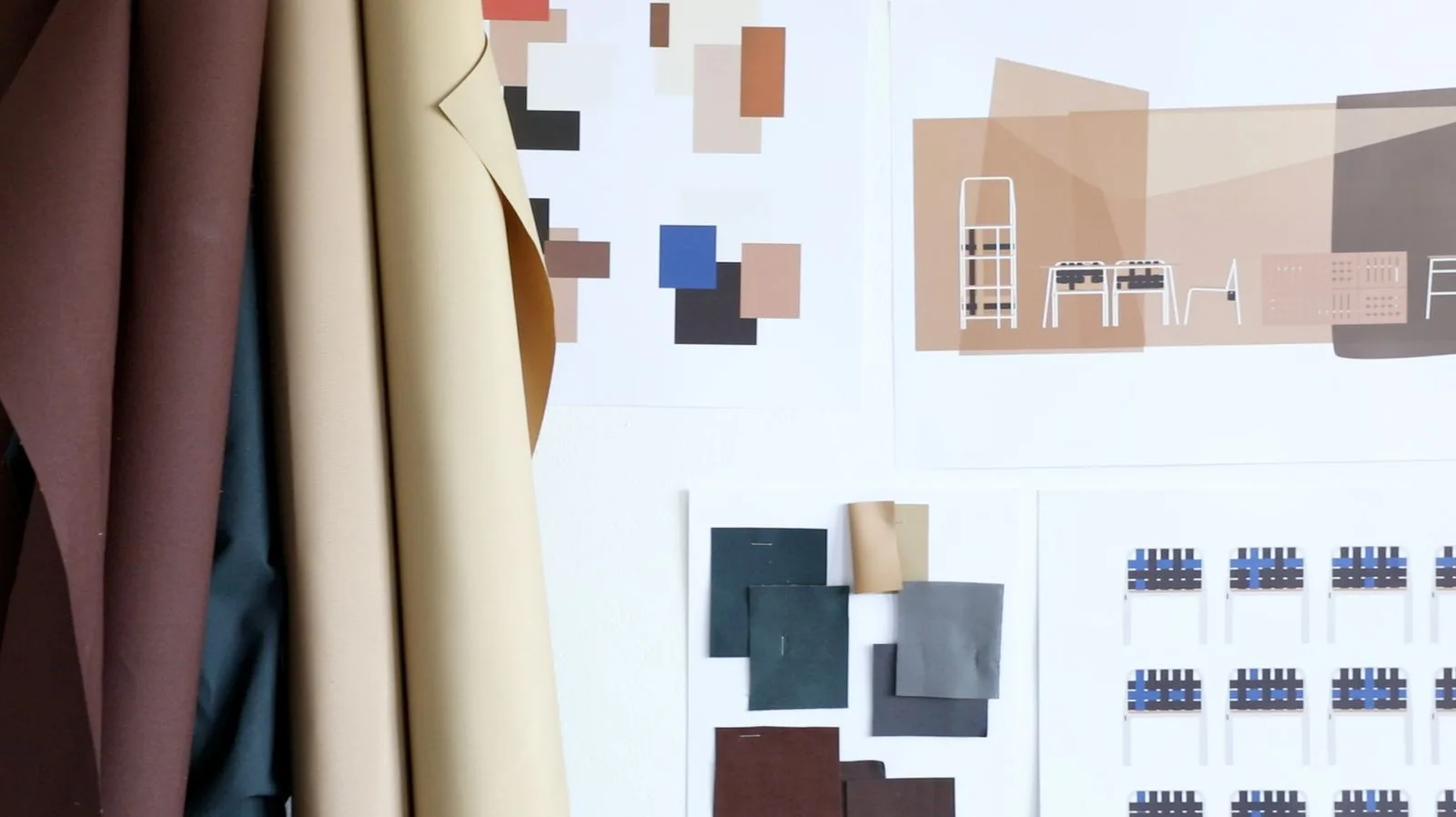 Planche de recherche : coupons de toile technique, nuancier et perspectives du mobilier.