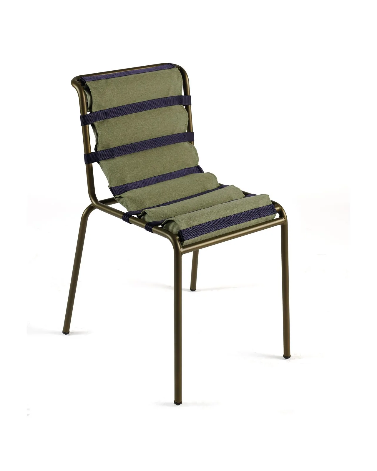 Chaise SABLON sur fond blanc : structure tubulaire vert olive et sangles assorties.