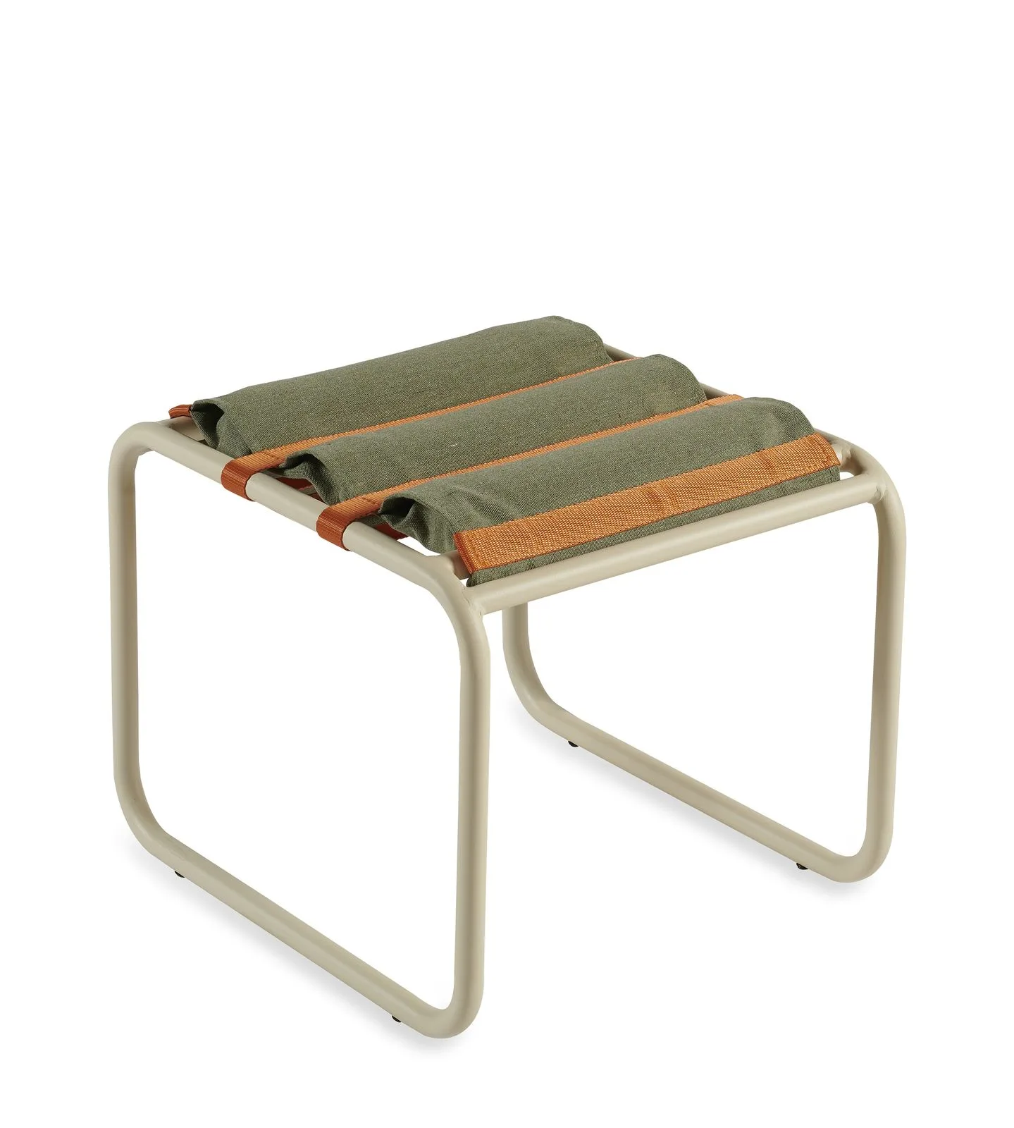 Tabouret SABLON sur fond blanc, sangles vertes et orange tendues sur un piètement tubulaire.